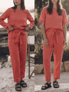 Women's cotton-linen set with short-sleeve top and straight-leg pants in monochrome tones