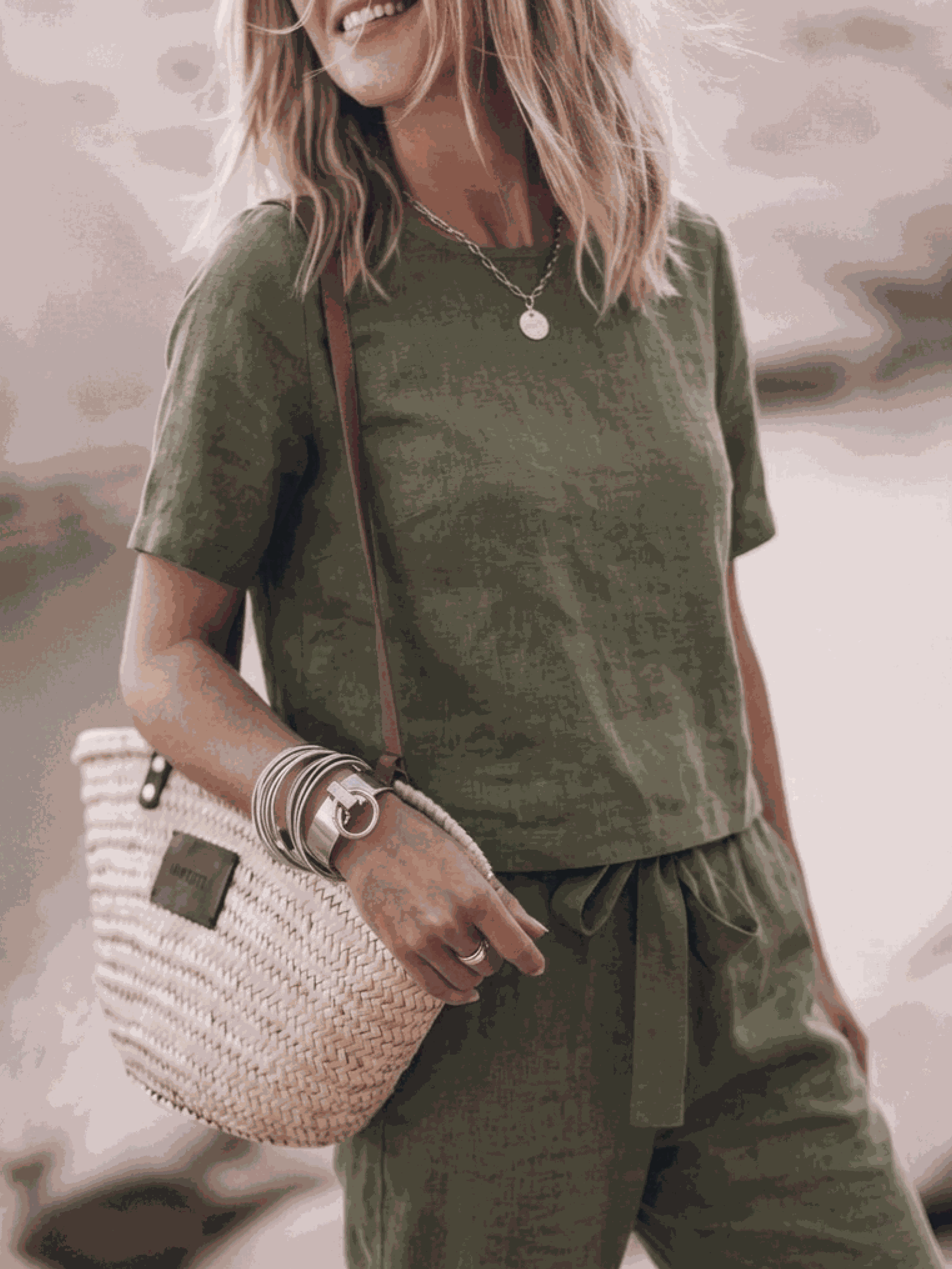 Cotton-linen two-piece set with relaxed short-sleeve top and straight-leg pants in monochrome tones
