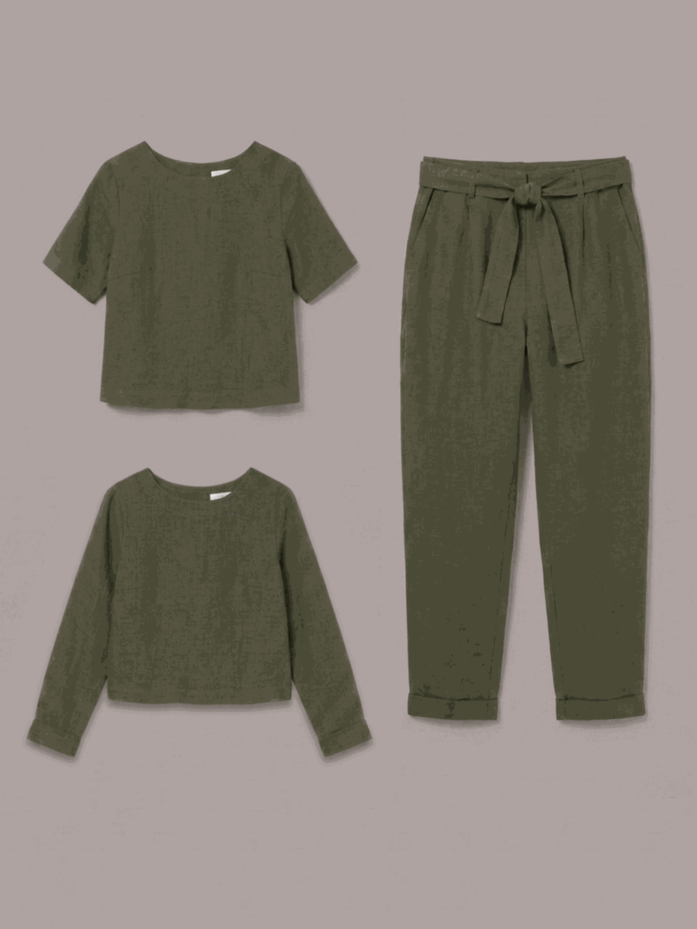 Cotton-linen two-piece set with relaxed short-sleeve top and straight-leg pants in soft breathable fabric
