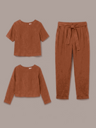 Cotton-linen set with relaxed short-sleeve top and straight-leg pants in monochrome natural texture