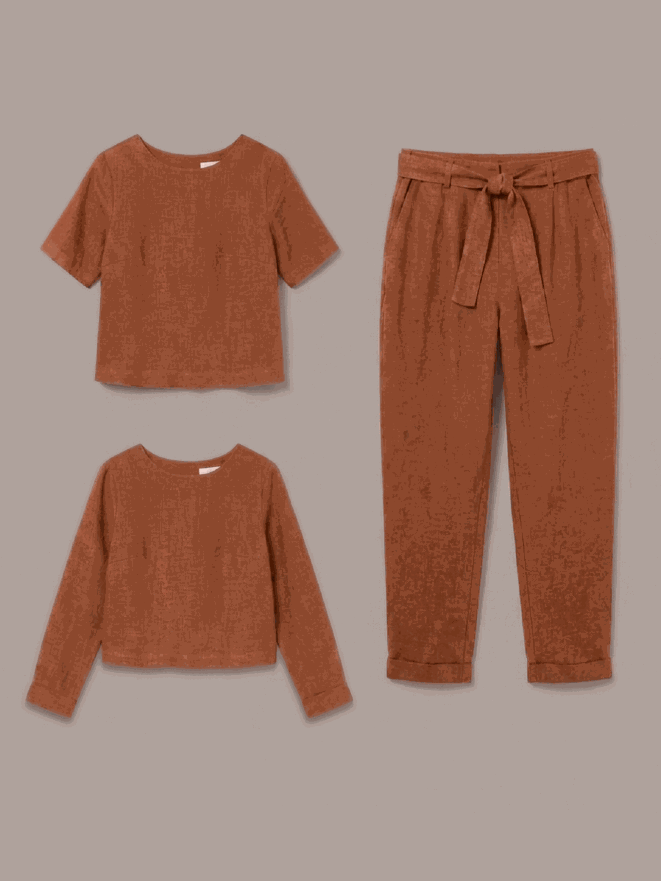 Cotton-linen set with relaxed short-sleeve top and straight-leg pants in monochrome natural texture