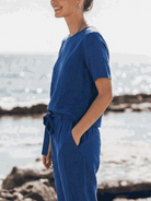 Cotton-linen set with relaxed short-sleeve top and straight-leg pants in monochrome tones