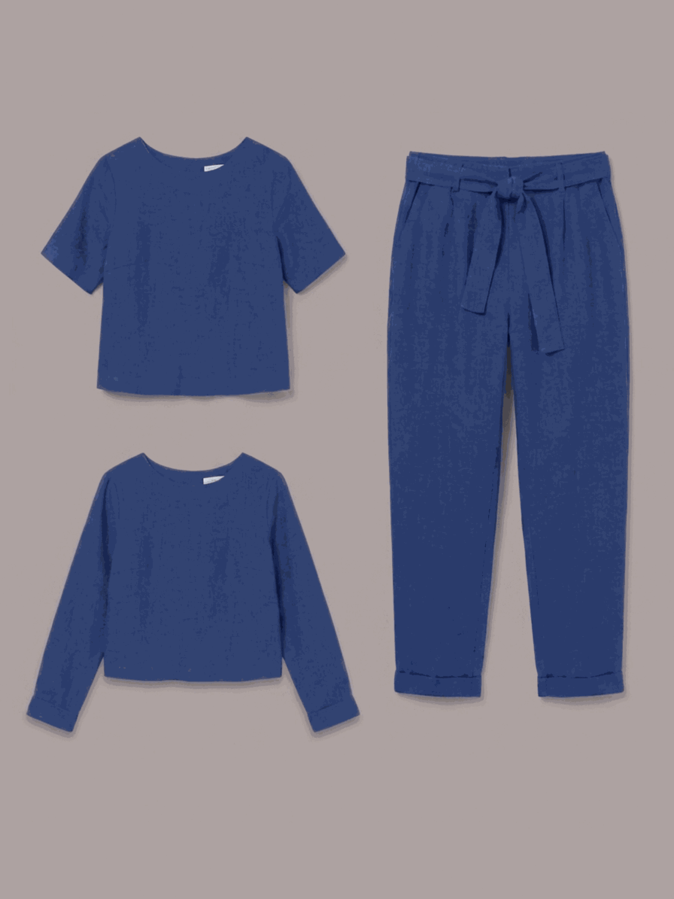 cotton-linen set three-piece capsule outfit with relaxed short-sleeve top and straight-leg pants in monochrome breathable fabric