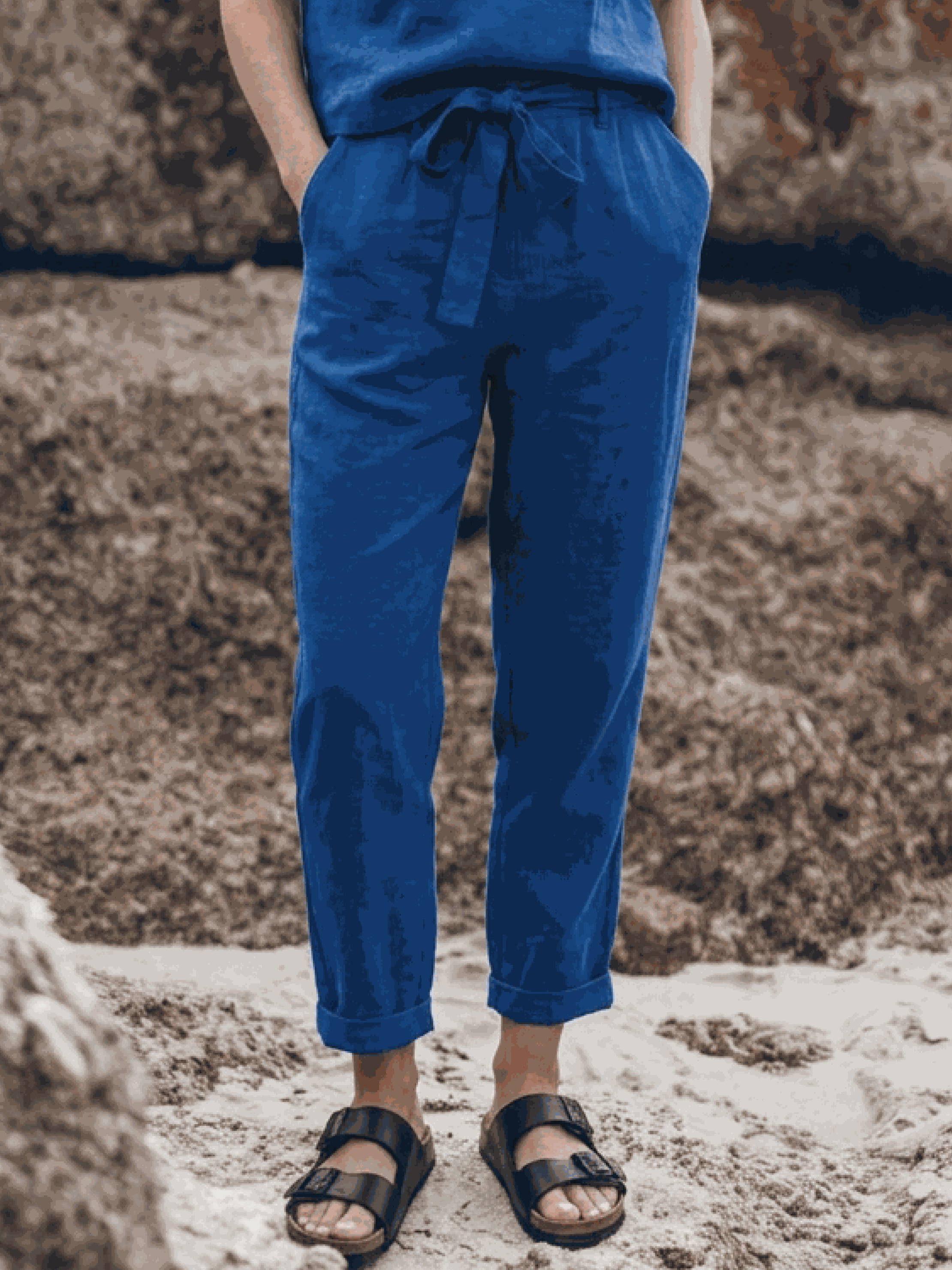 Cotton-linen set with relaxed short-sleeve top and straight-leg pants in monochrome palette