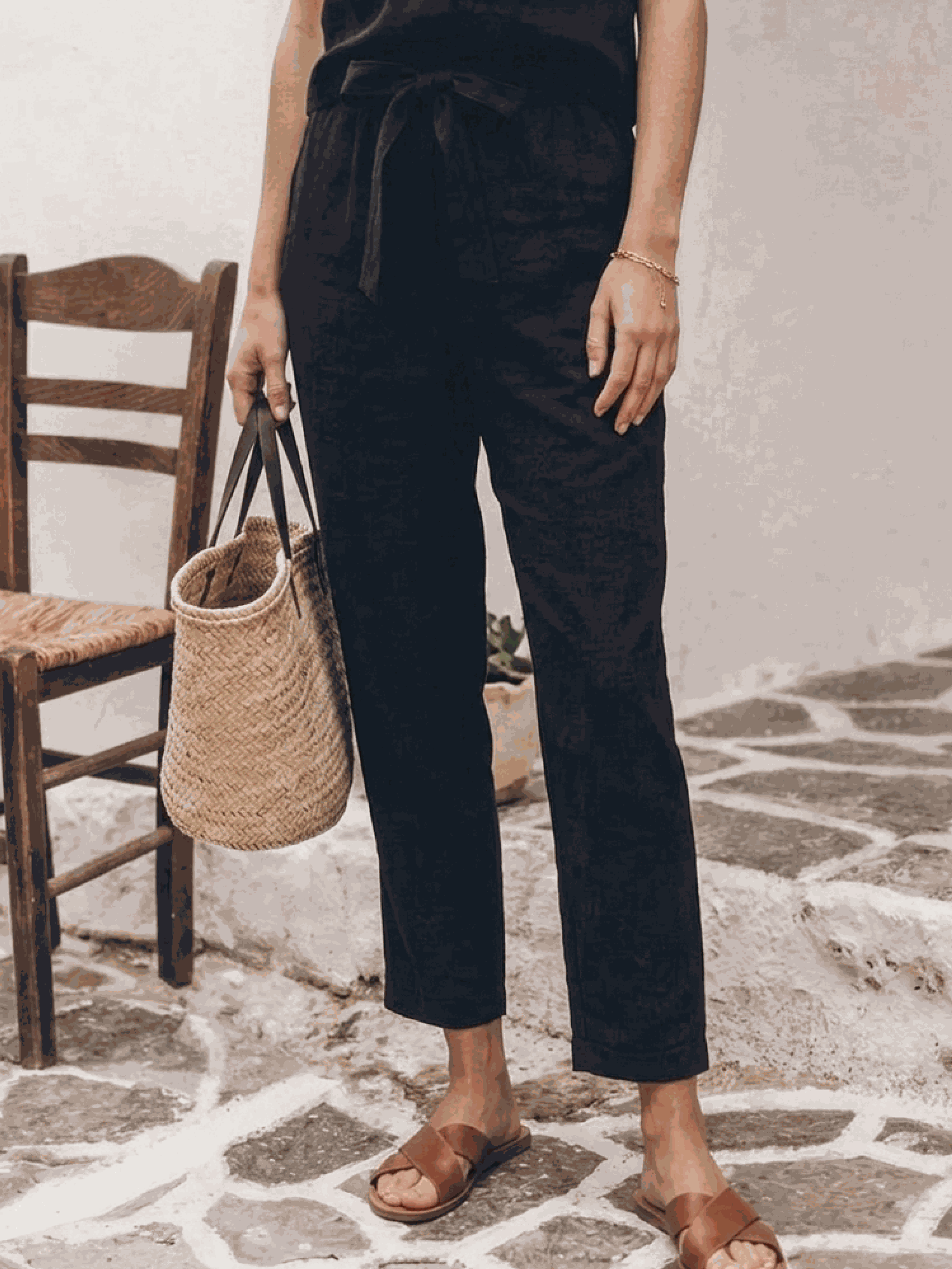 cotton-linen set relaxed fit short-sleeve top and straight-leg pants in natural textured fabric