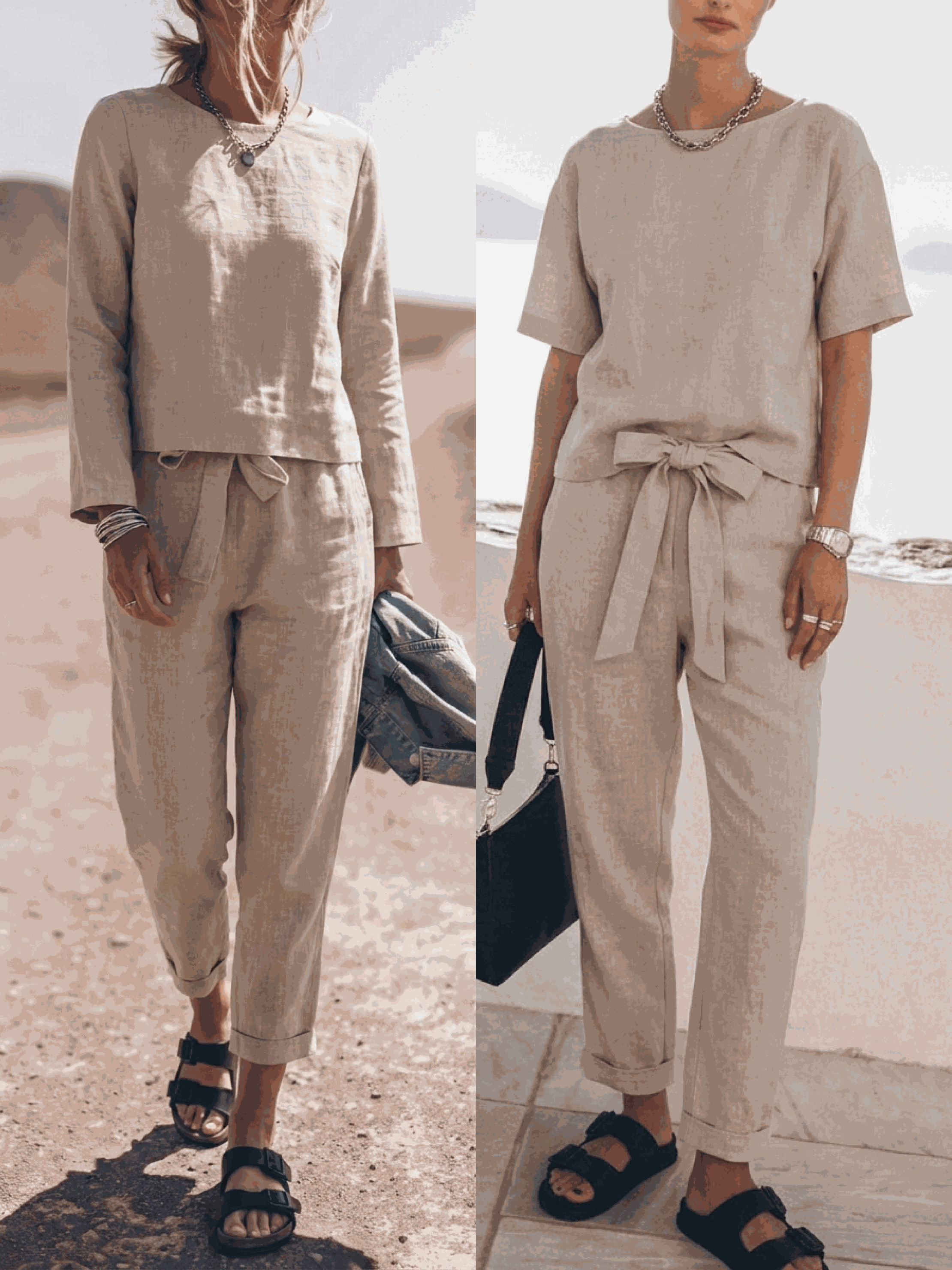 Cotton-linen three-piece monochrome set with relaxed short-sleeve top and straight-leg pants in breathable fabric