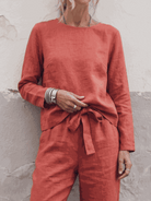 Cotton-Linen Set three-piece capsule outfit with relaxed short-sleeve top and straight-leg pants in monochrome natural texture