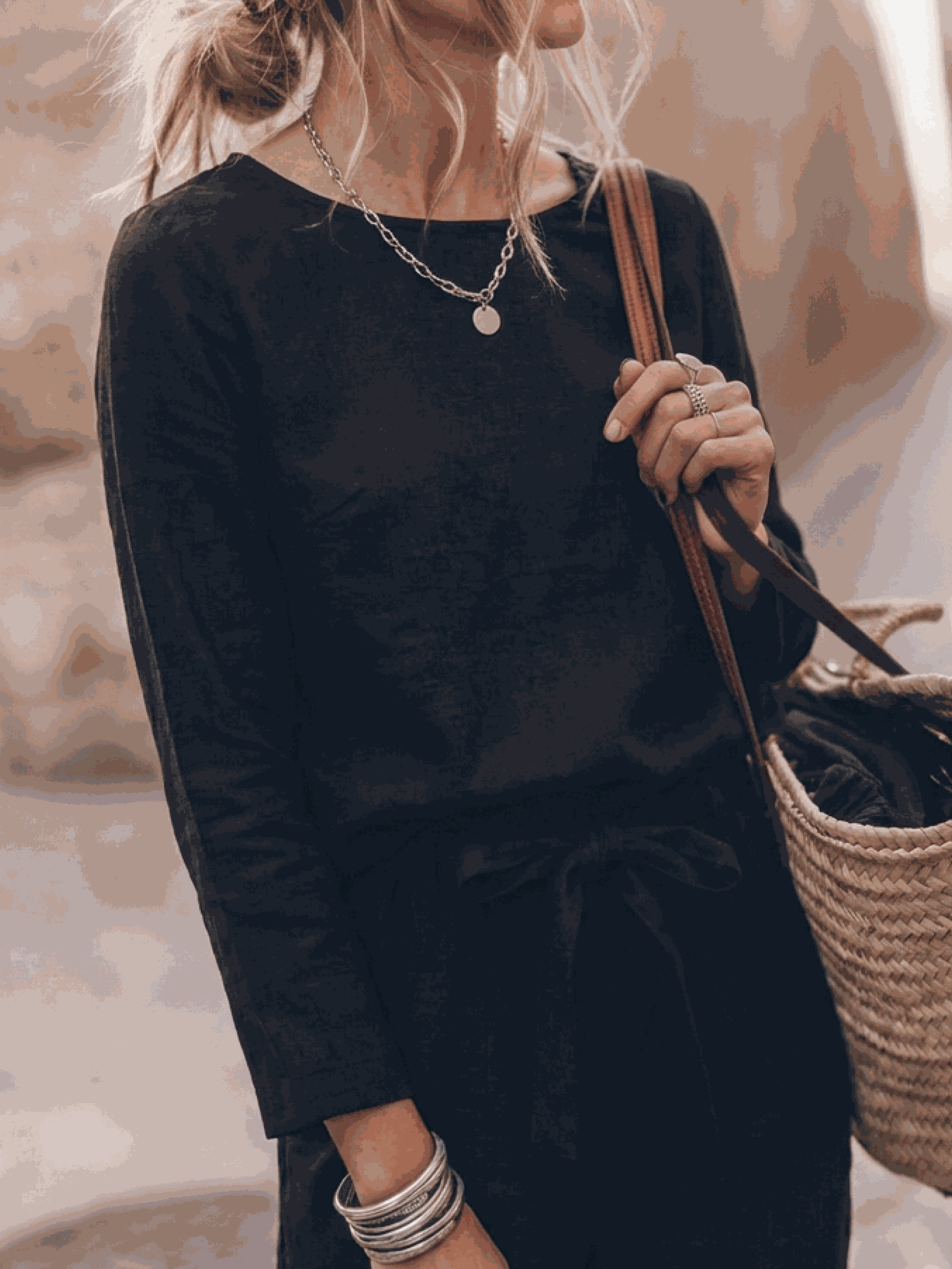 Cotton-linen monochrome three-piece set with relaxed top and straight-leg pants on model