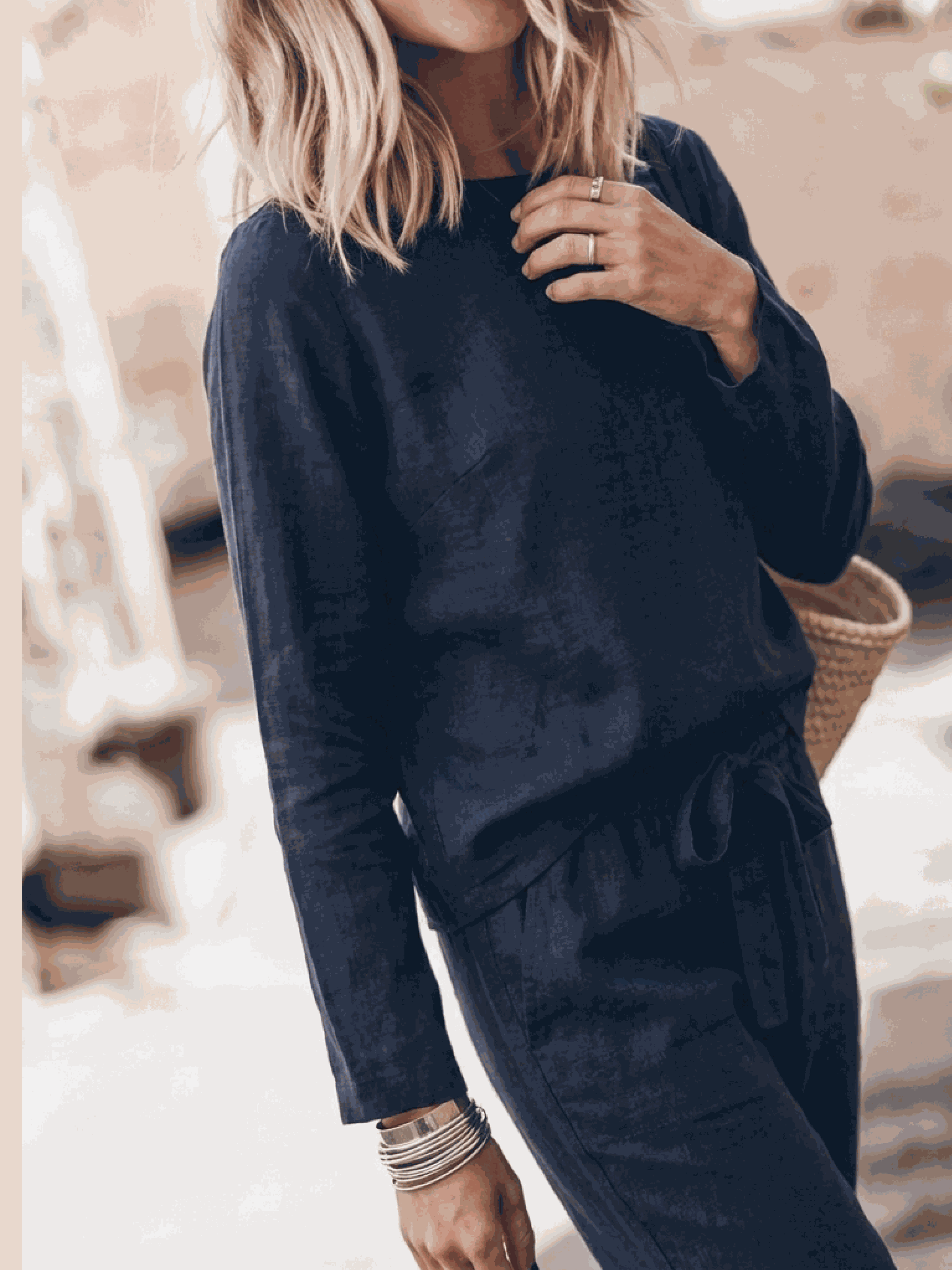 three-piece cotton-linen set with relaxed short-sleeve top and straight-leg pants in monochrome