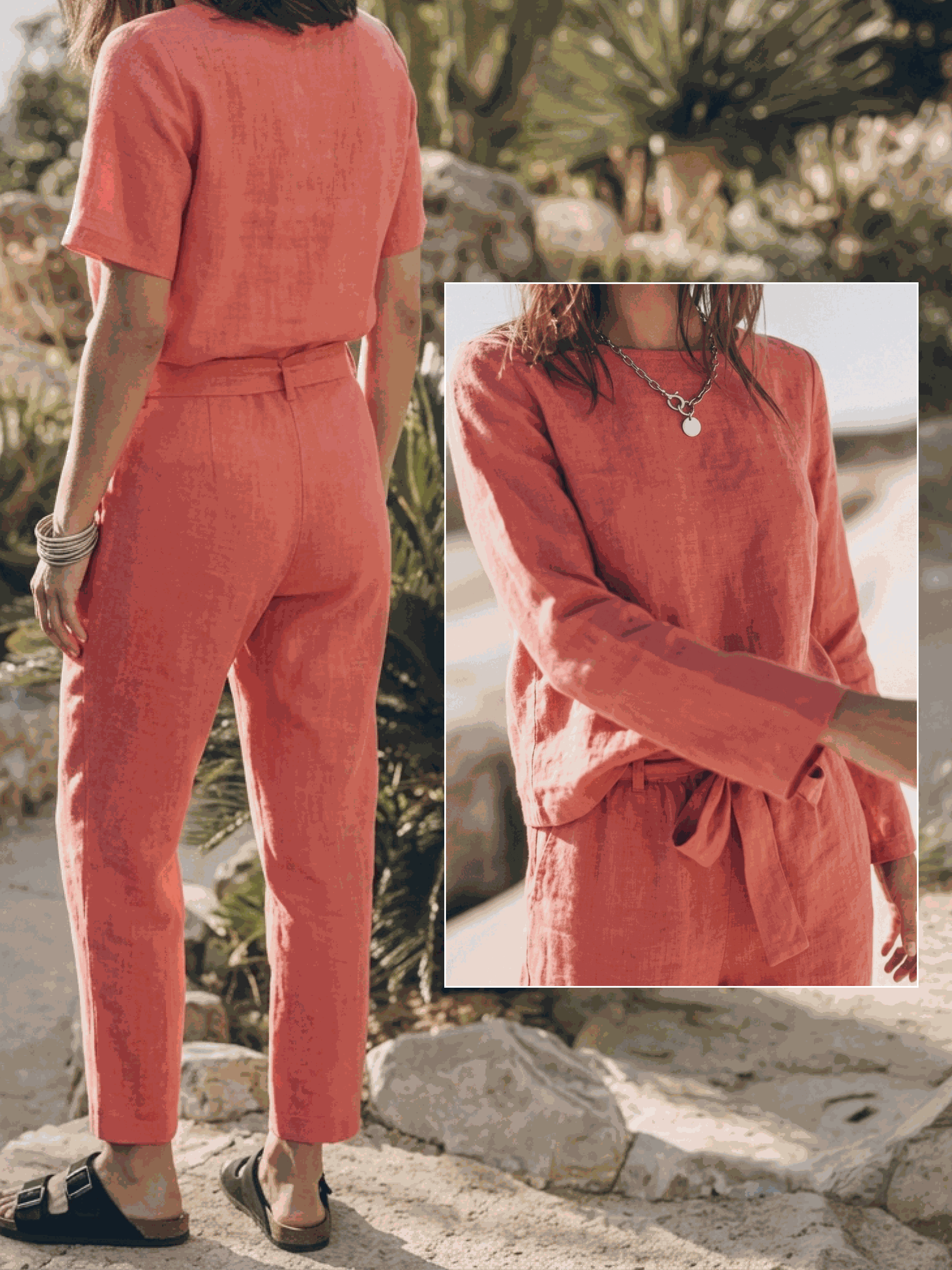 Cotton-linen set three-piece capsule with relaxed short-sleeve top and straight-leg pants in monochrome palette