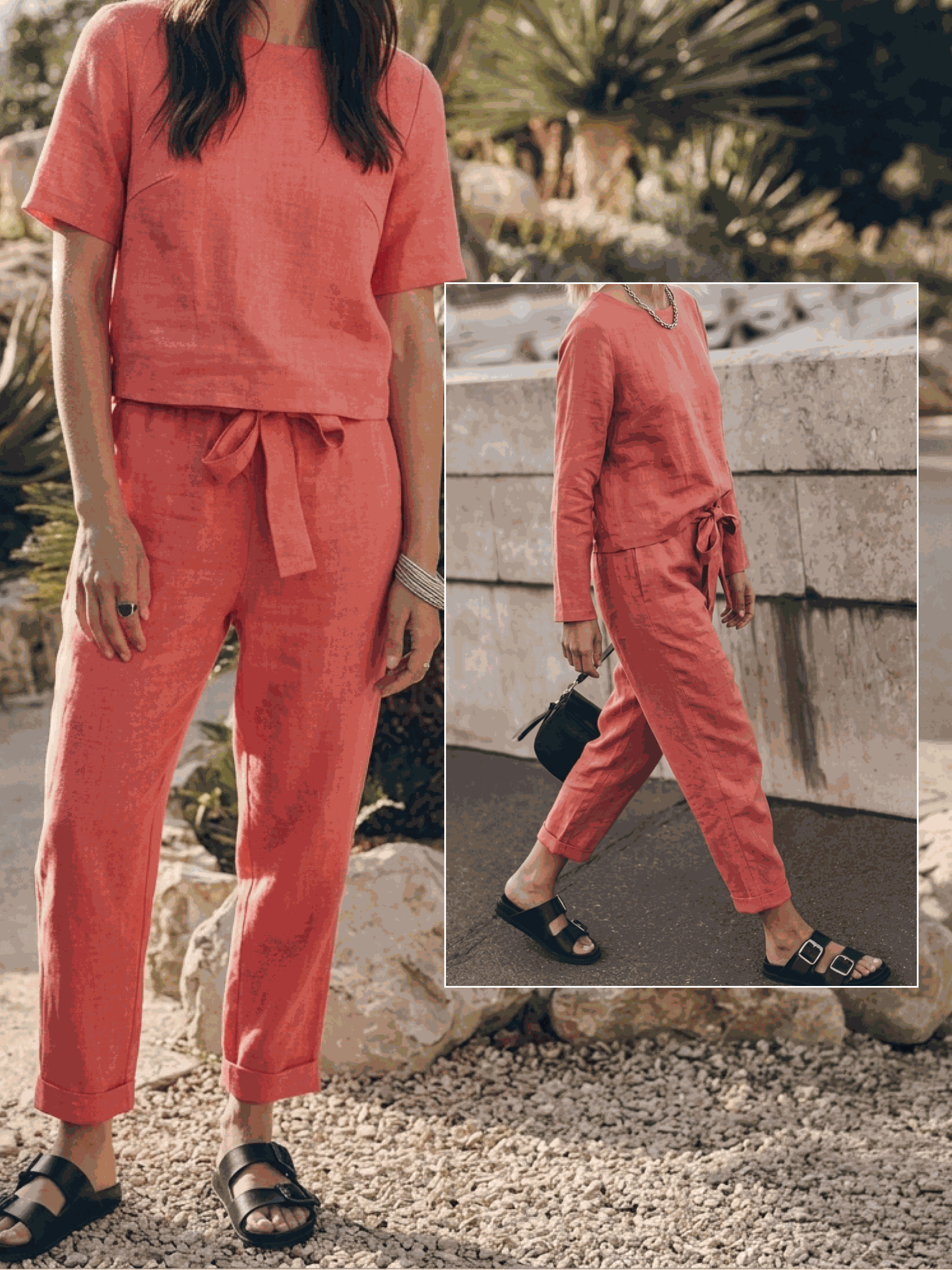 relaxed cotton-linen set with short-sleeve top and straight-leg pants in monochrome tones
