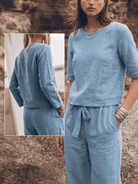 Cotton-linen set in soft breathable fabric with relaxed short-sleeve top and straight-leg pants in monochrome hues