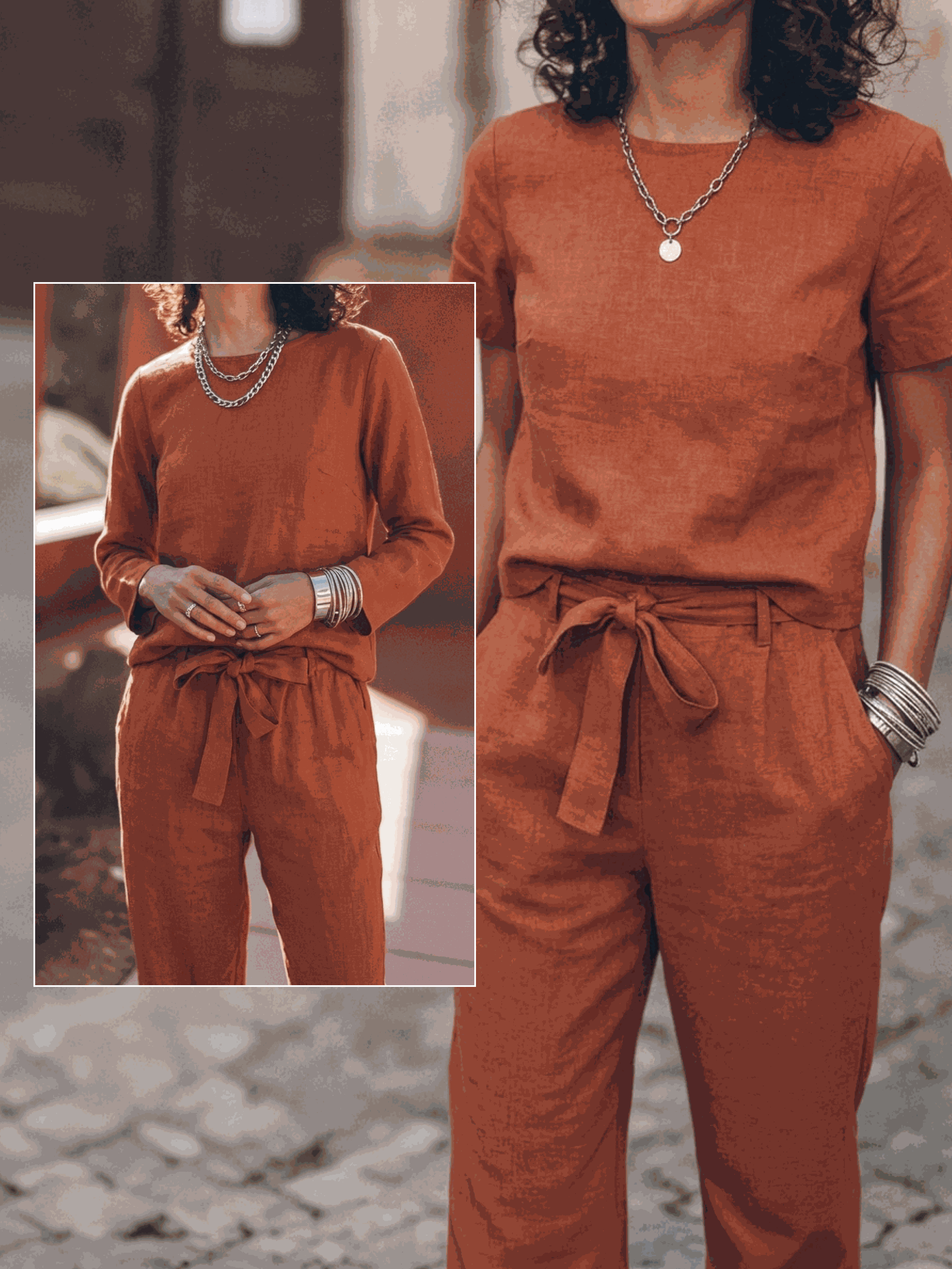 Cotton-linen set with relaxed short-sleeve top and straight-leg pants in a breathable monochrome fabric