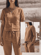 relaxed cotton-linen set with short-sleeve top and straight-leg pants in monochrome tones