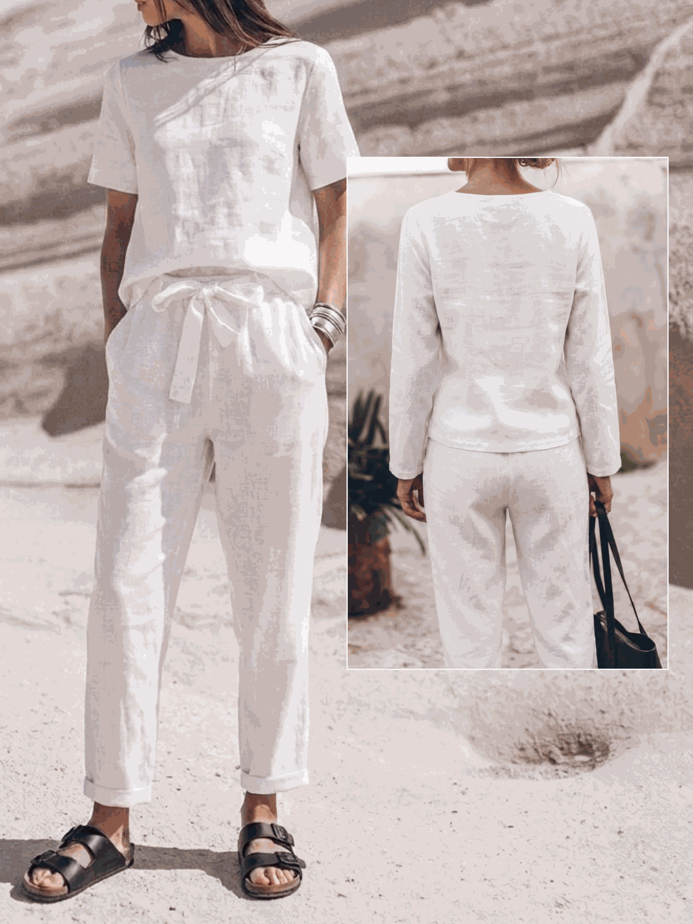 Cotton-linen set with relaxed short-sleeve top and straight-leg pants in breathable monochrome fabric