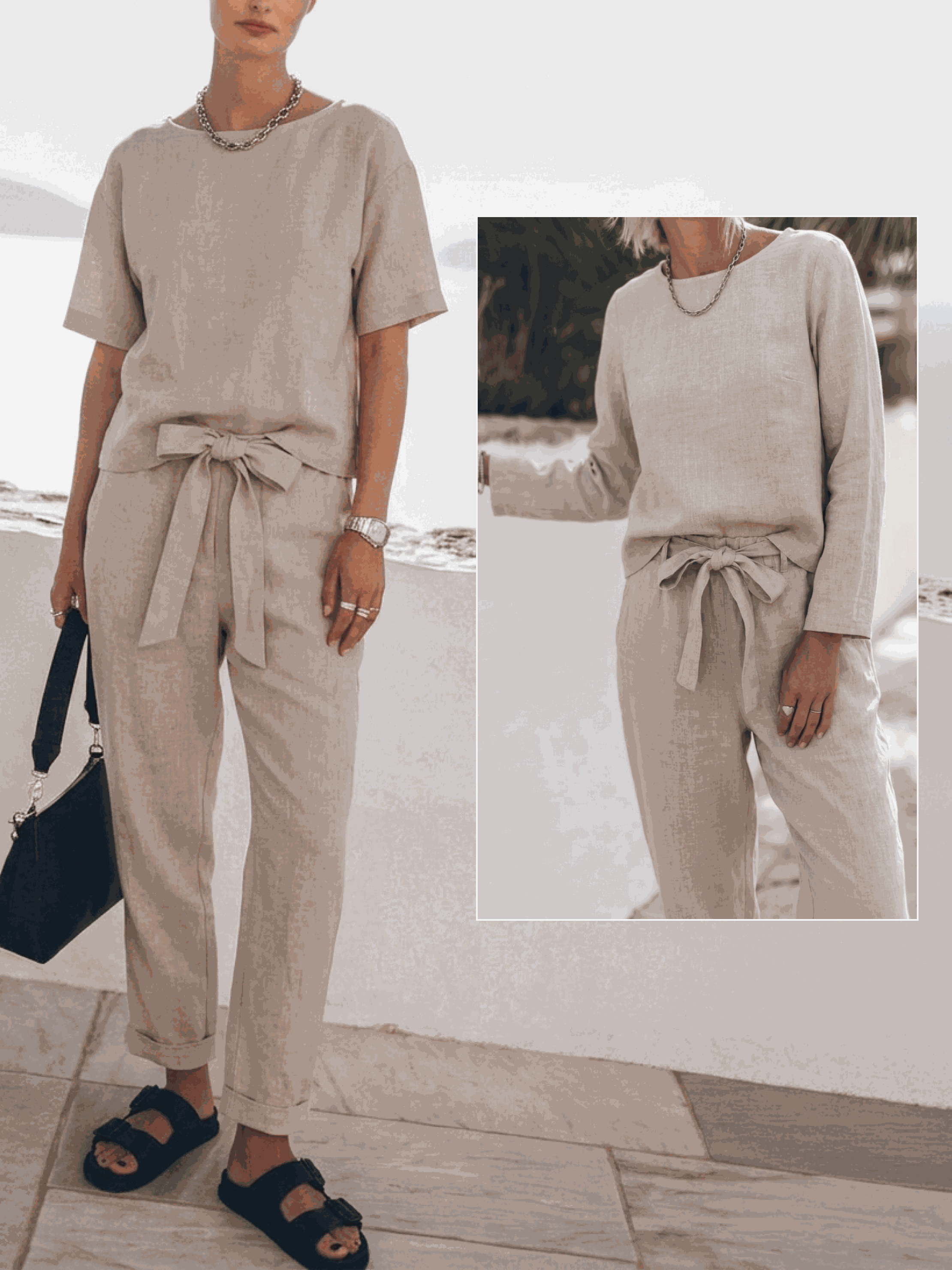 Three-piece cotton-linen set with relaxed short-sleeve top and straight-leg pants in a breathable monochrome blend