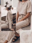 Cotton-linen set with relaxed short-sleeve top and straight-leg pants in monochrome natural texture