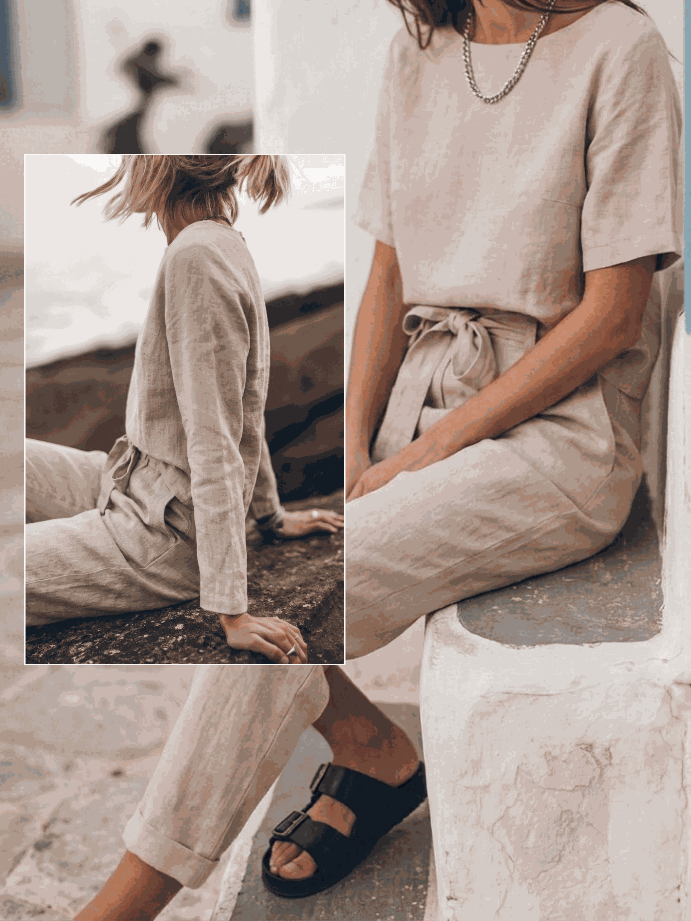 Cotton-linen set with relaxed short-sleeve top and straight-leg pants in monochrome natural texture
