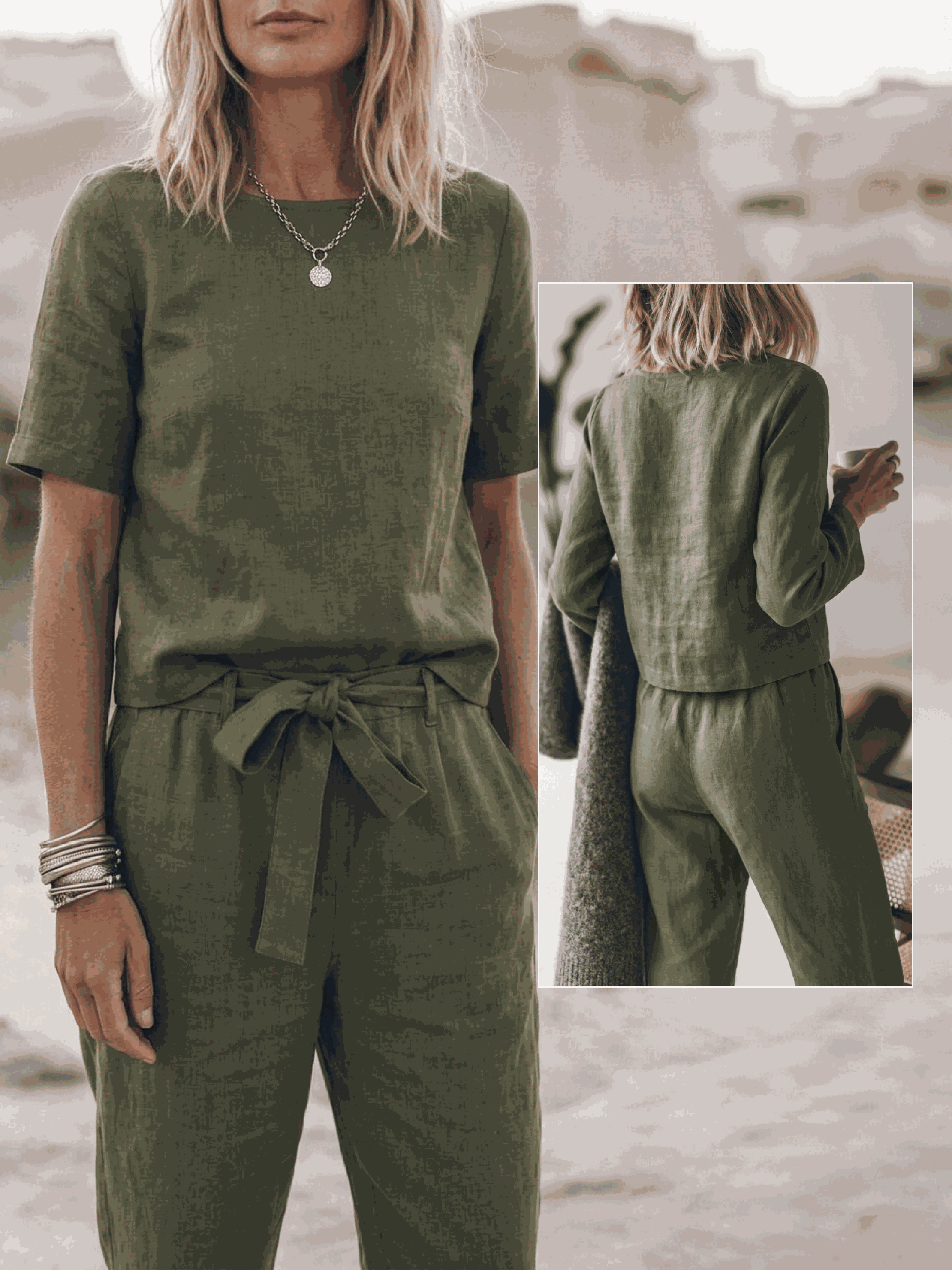 casual women's cotton-linen set with short-sleeve top and straight-leg pants in soft breathable fabric