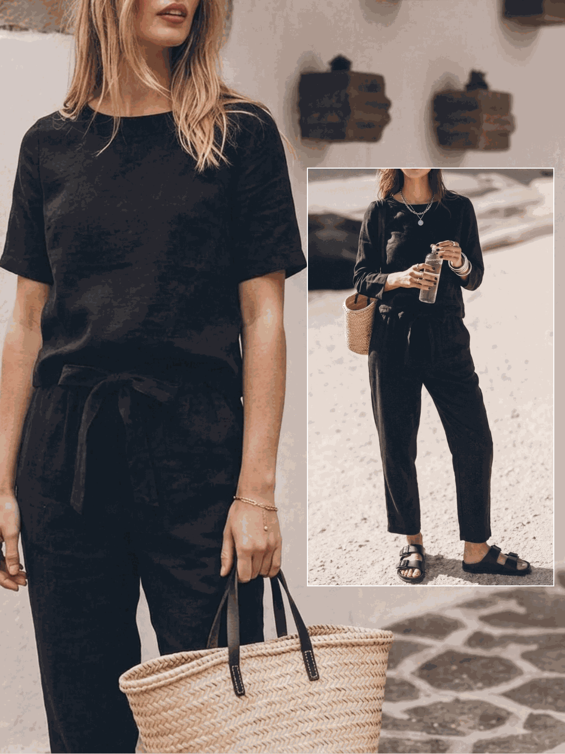woman wearing relaxed cotton-linen set with short-sleeve top and straight-leg pants in monochrome tone