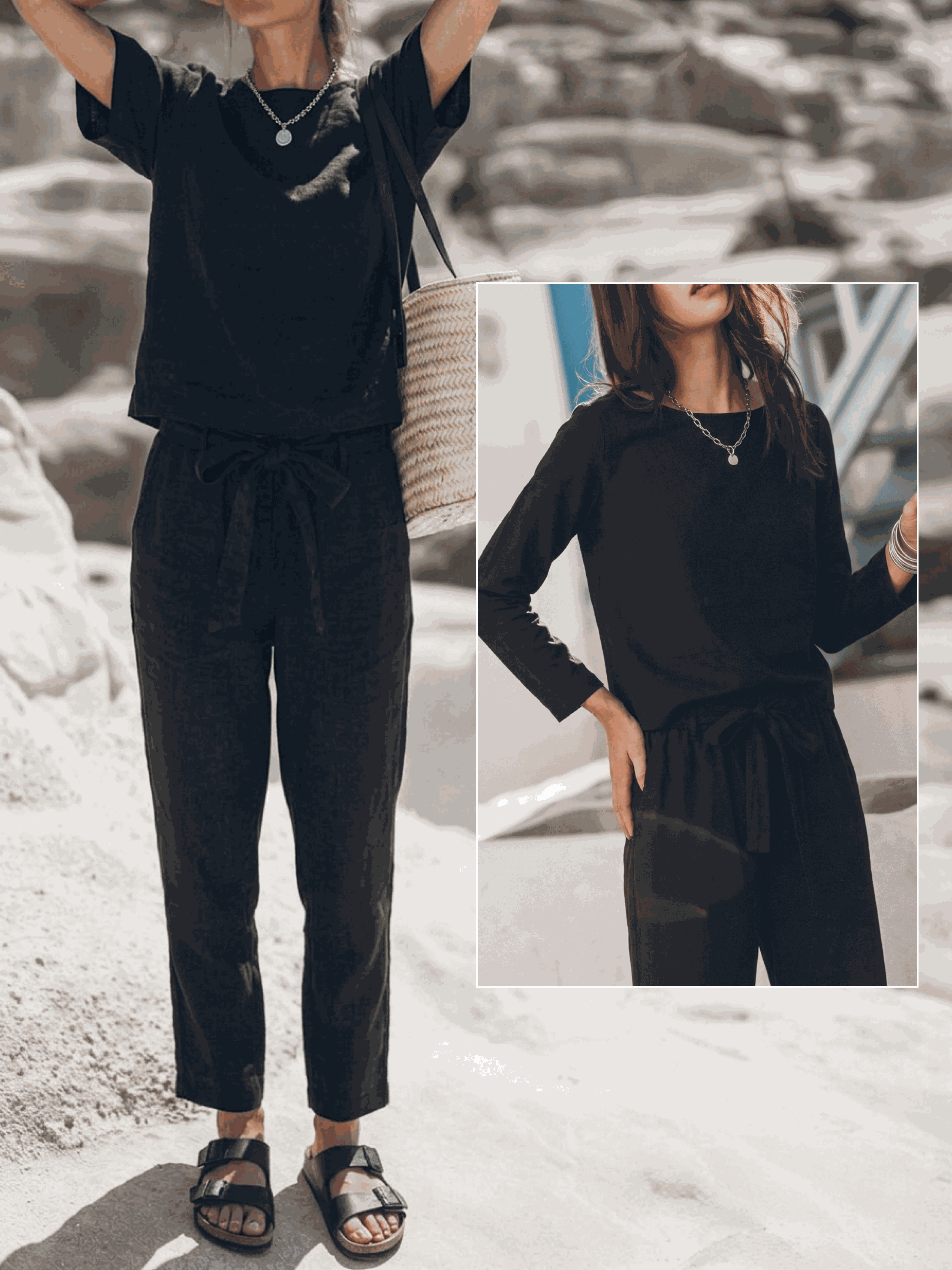 Cotton-linen set in monochrome with relaxed short-sleeve top and straight-leg pants displayed on white background