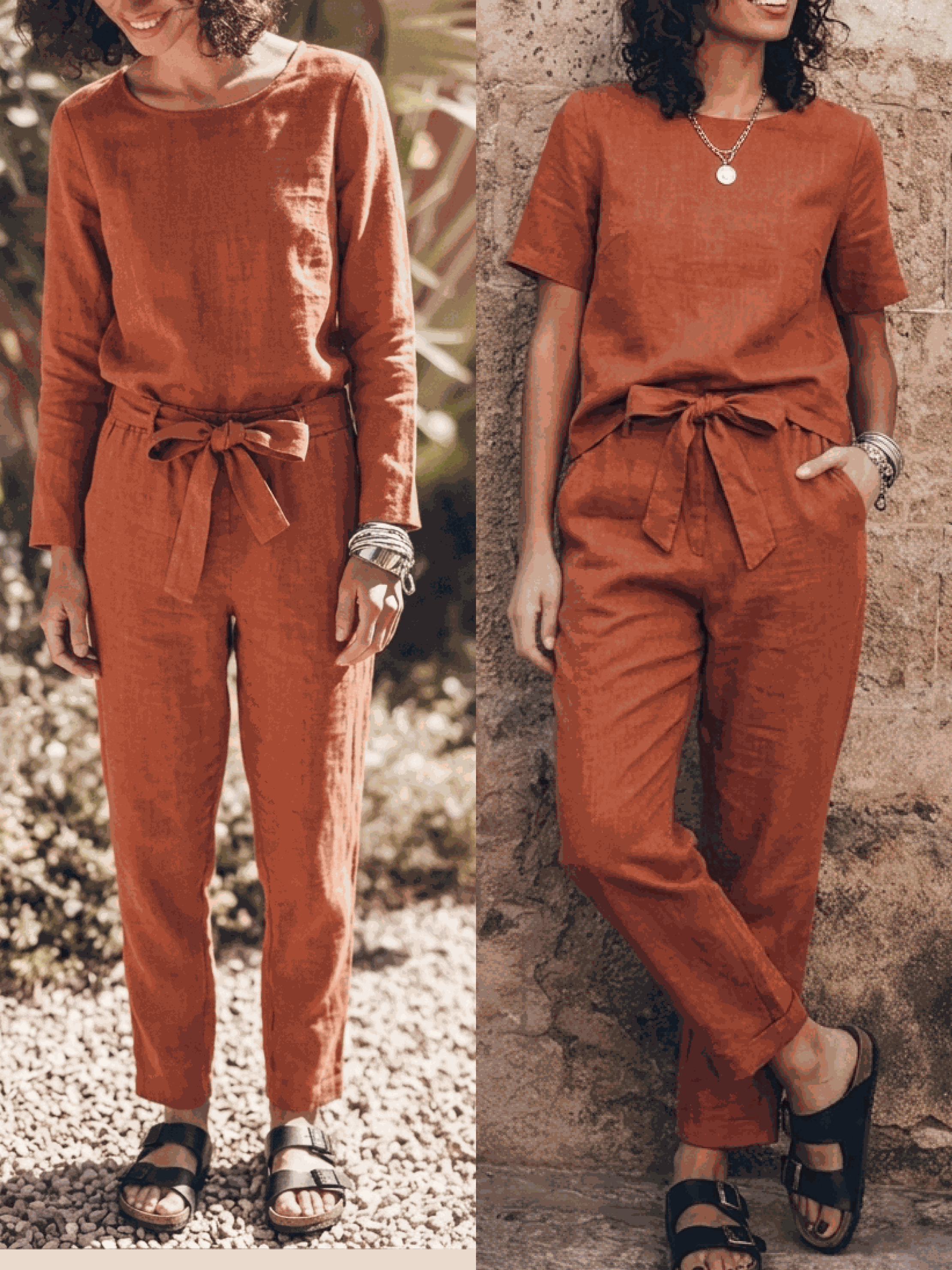 Cotton-linen set featuring relaxed short-sleeve top and straight-leg pants in breathable monochrome fabric