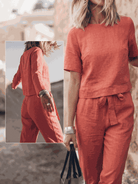 Cotton-Linen set with relaxed short-sleeve top and straight-leg pants in breathable natural fabric