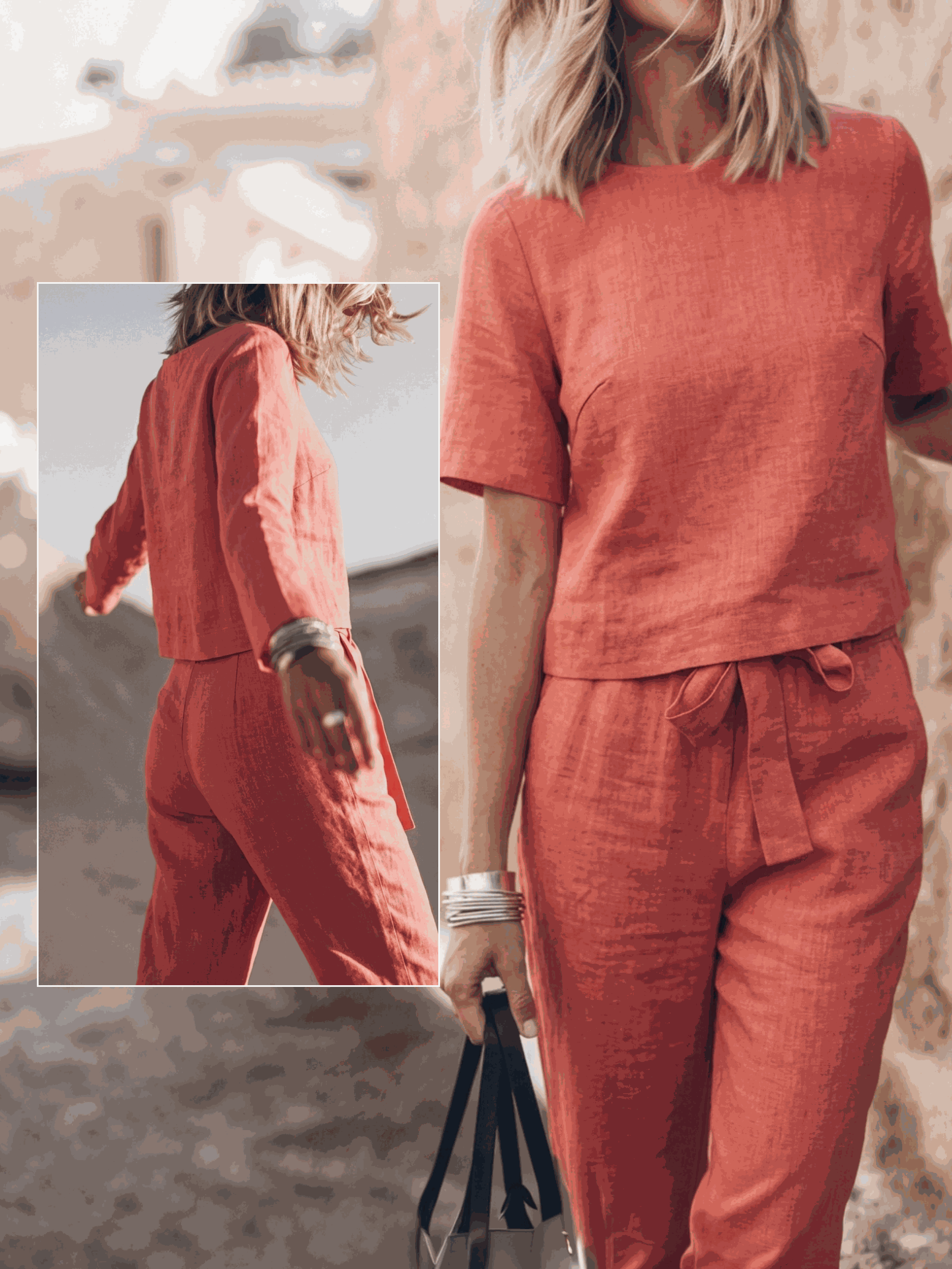 Cotton-Linen set with relaxed short-sleeve top and straight-leg pants in breathable natural fabric