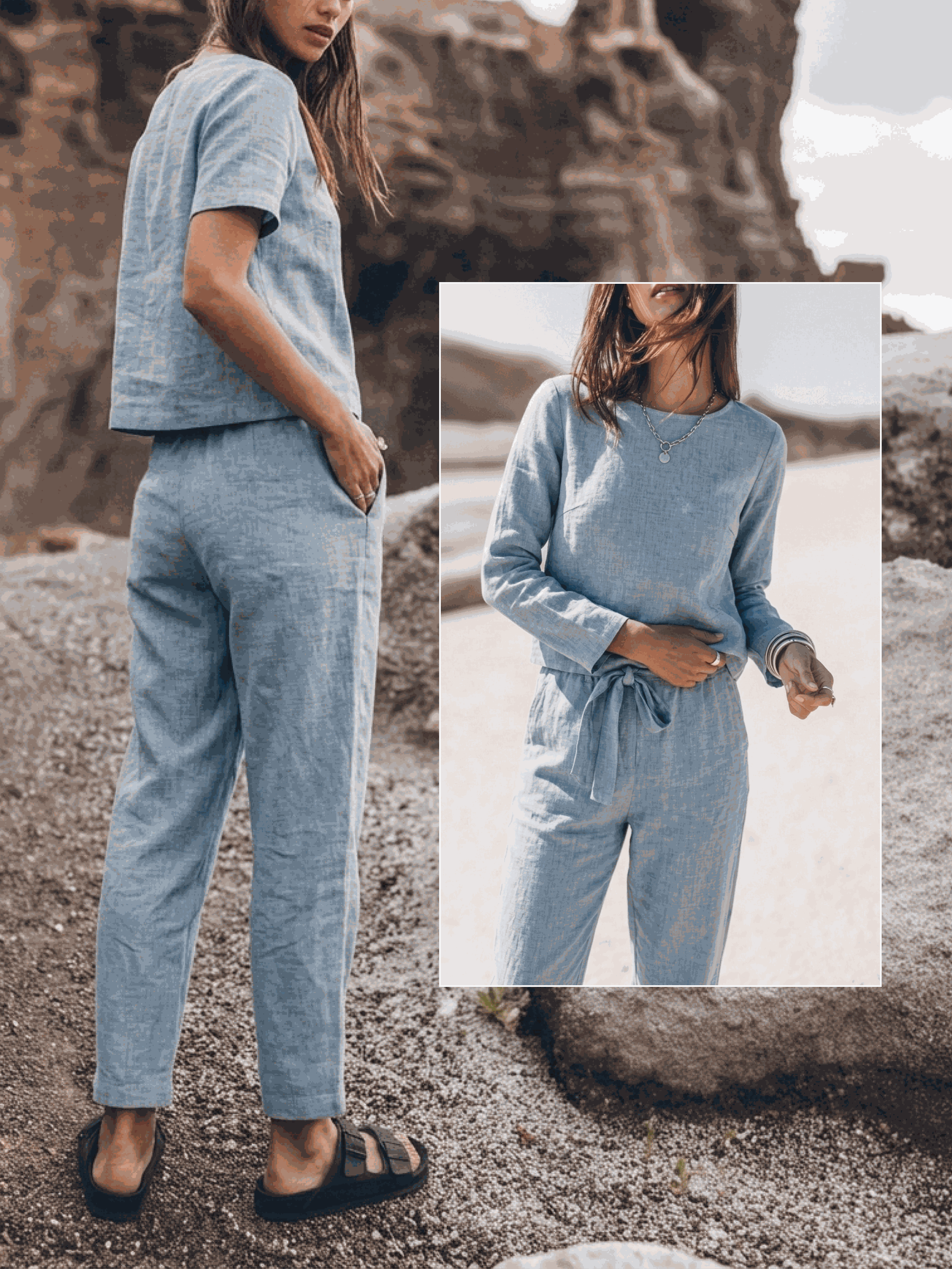 Cotton-linen set with relaxed short-sleeve top and straight-leg pants in a breathable monochrome fabric