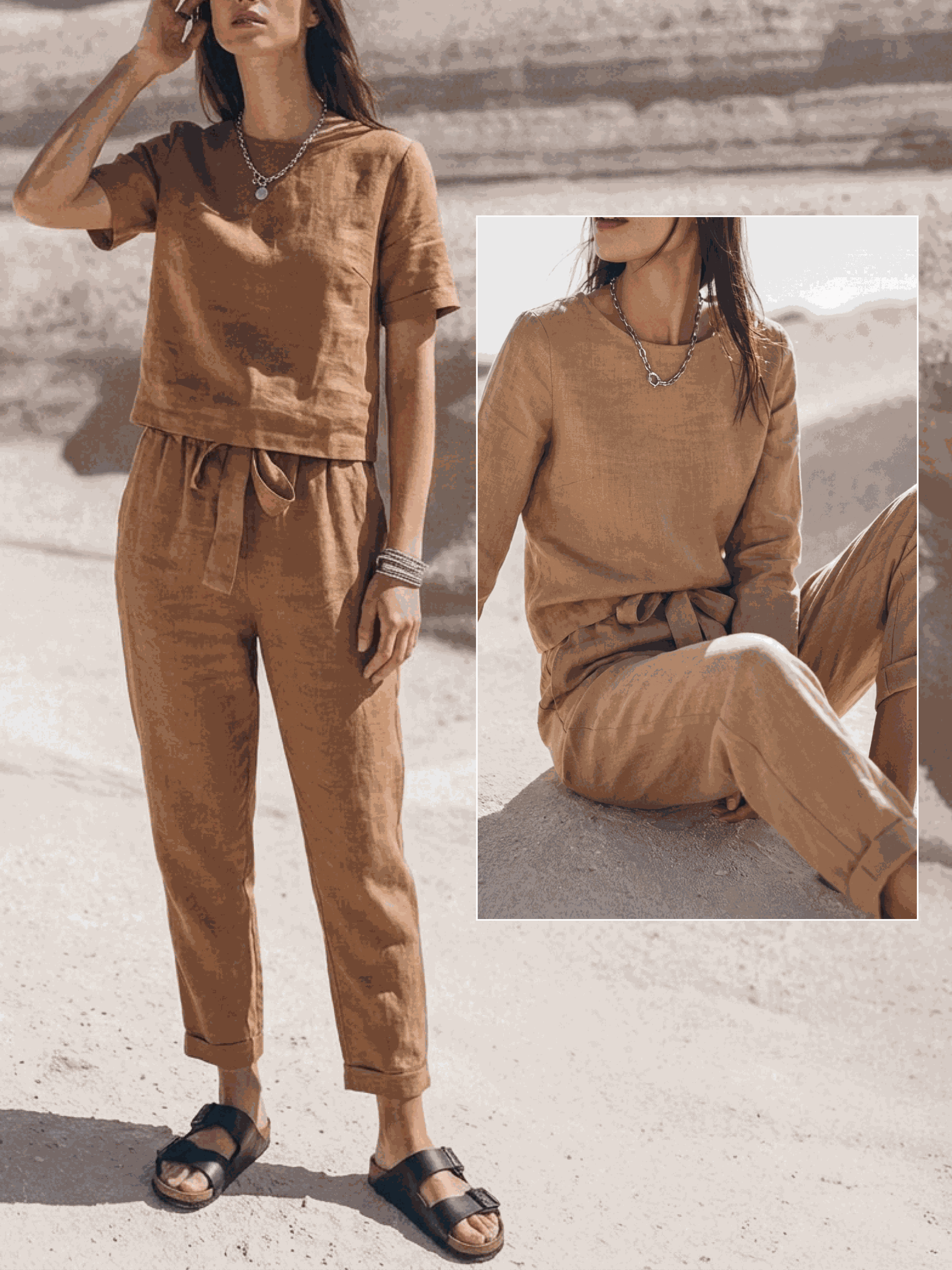 white cotton-linen set with relaxed short-sleeve top and straight-leg pants on model