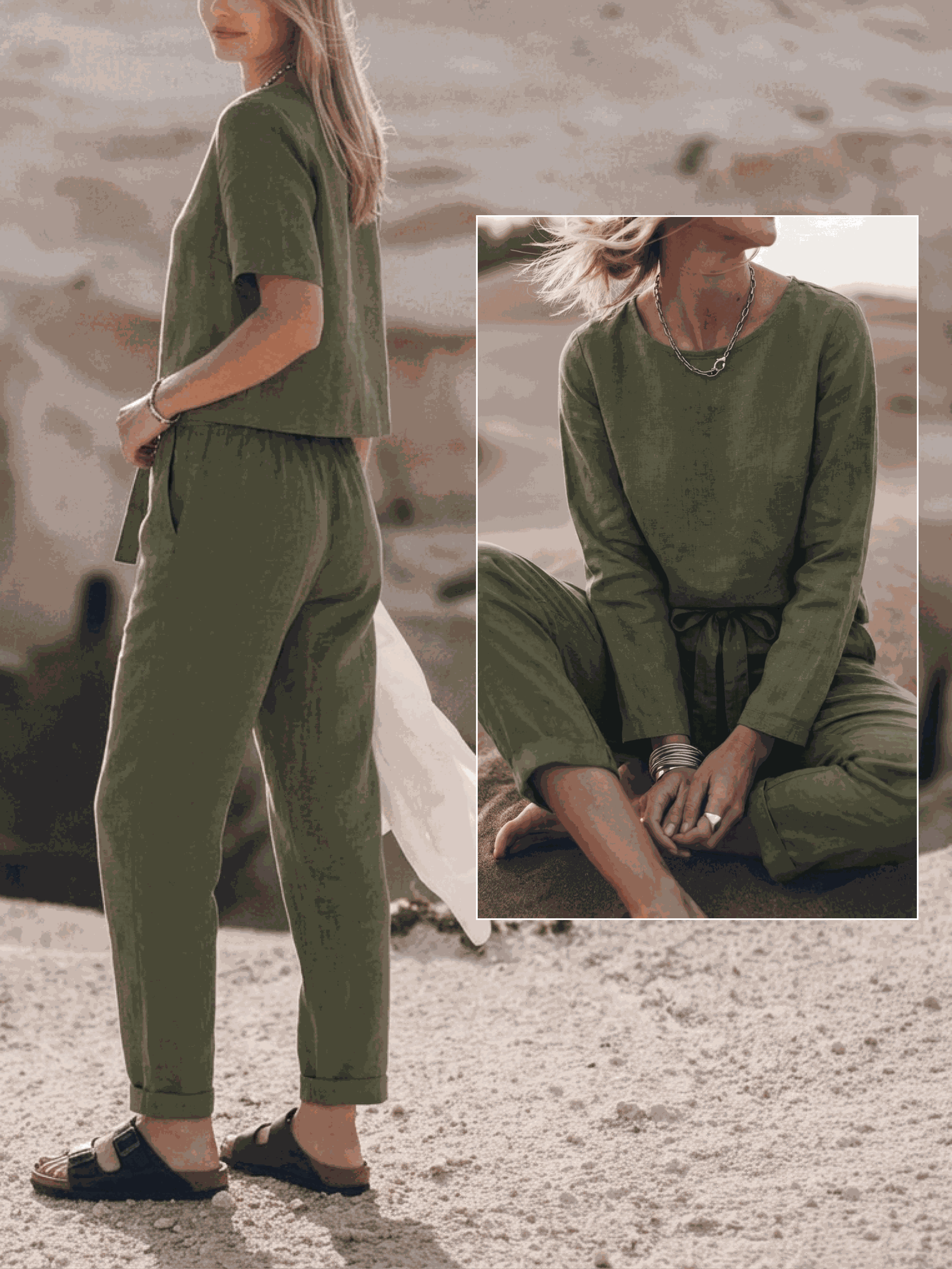 model wearing relaxed cotton-linen set with short-sleeve top and straight-leg pants in monochrome tones
