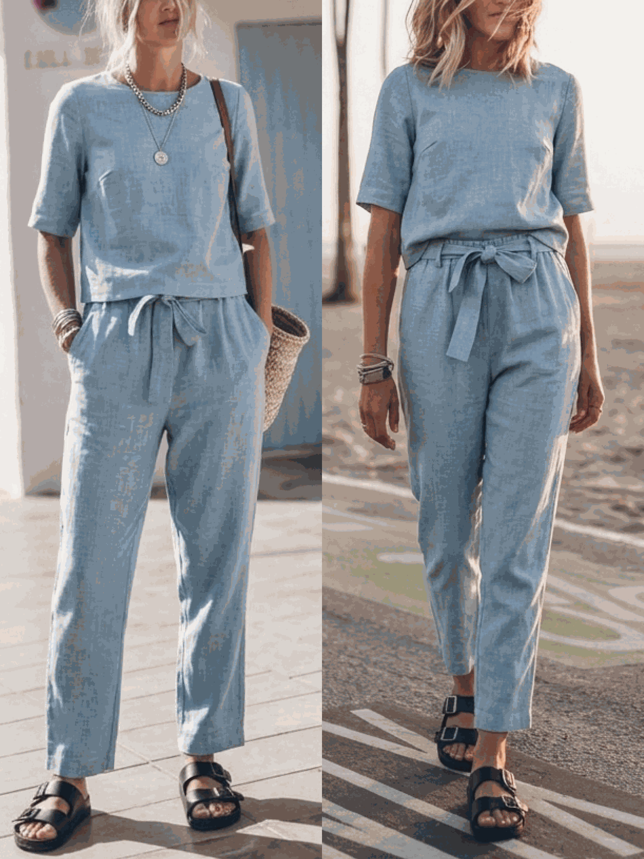 Breathable cotton-linen set with relaxed short-sleeve top and straight-leg pants in monochrome tones