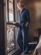 Model wearing an oversized 100% cotton shirt with wide-leg pants co-ord set in a relaxed, breathable fit.