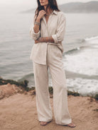 Woman wearing oversized 100% cotton shirt and wide-leg pants co-ord set in a relaxed, breathable style