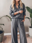 Model wearing oversized 100% cotton shirt and wide-leg pants co-ord set in relaxed fit