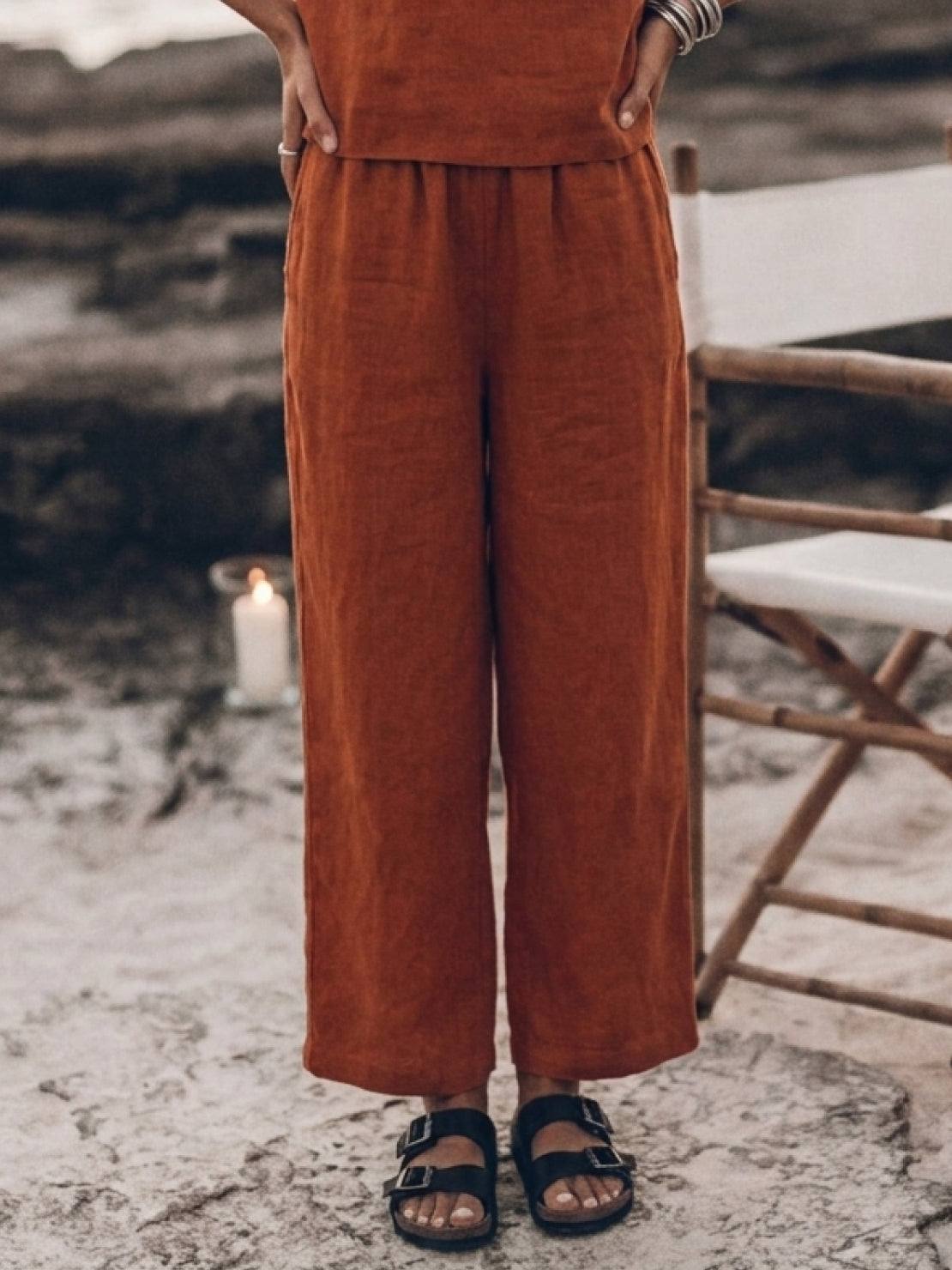 Loose fit co-ord set featuring a soft-tailored top and wide-leg cotton bottoms in beige