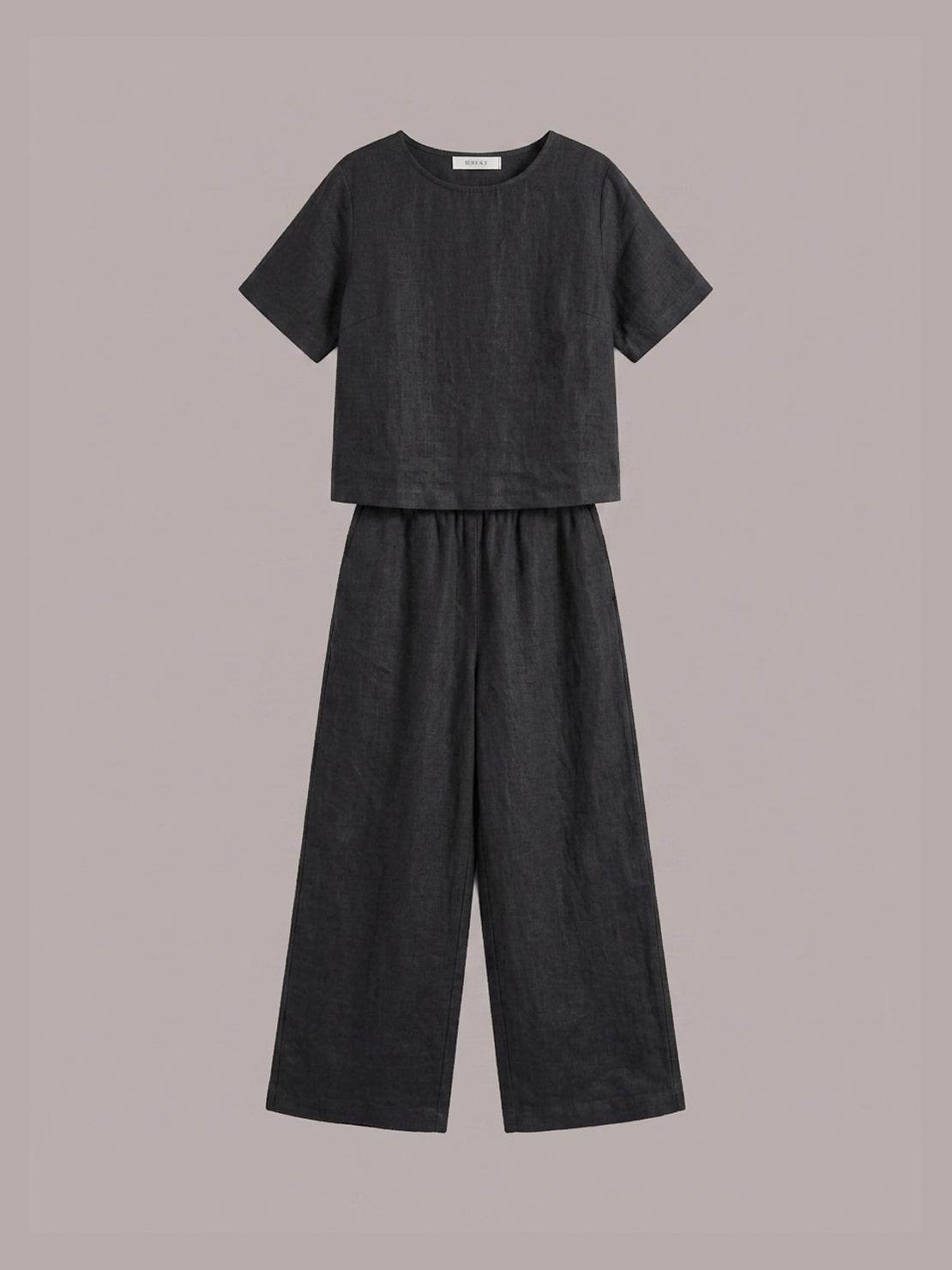 Light beige loose fit co-ord set with soft-tailored top and wide-leg cotton trousers on white background