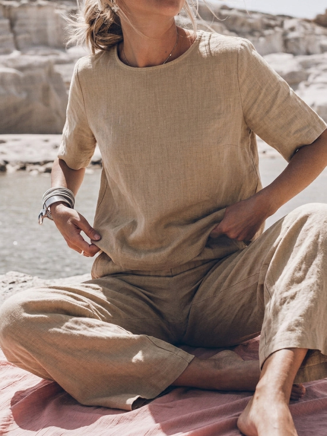 Loose fit co-ord set featuring soft-tailored top with wide sleeves and wide-leg cotton trousers.