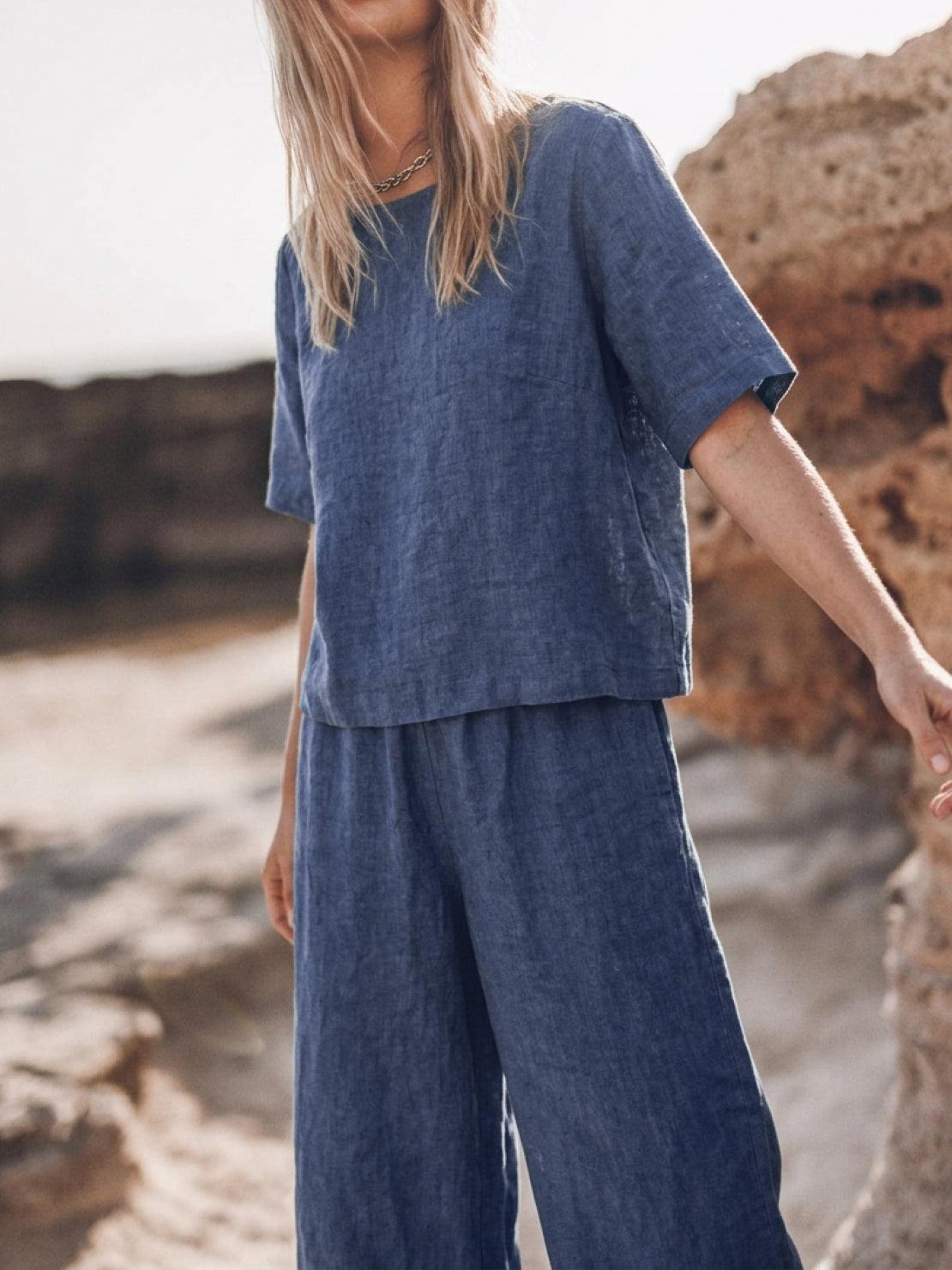 Women wearing soft cotton loose fit co-ord set with relaxed top and wide-leg pants