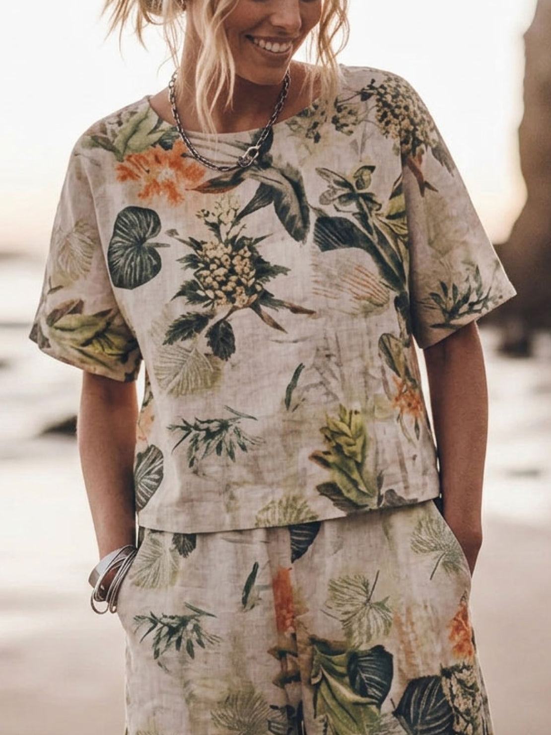 Woman wearing soft tailored loose fit co-ord set with wide-leg cotton trousers and relaxed top
