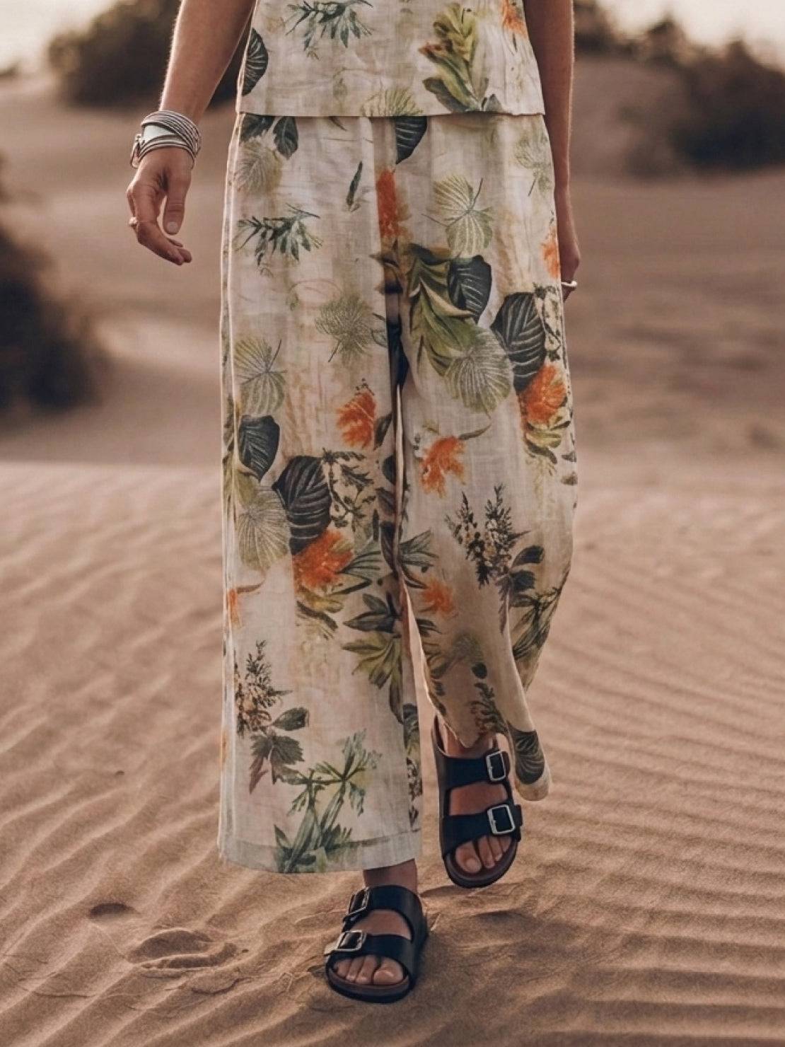 Woman wearing The Meadow loose fit co-ord set with wide-leg pants and soft-tailored top in light breathable cotton