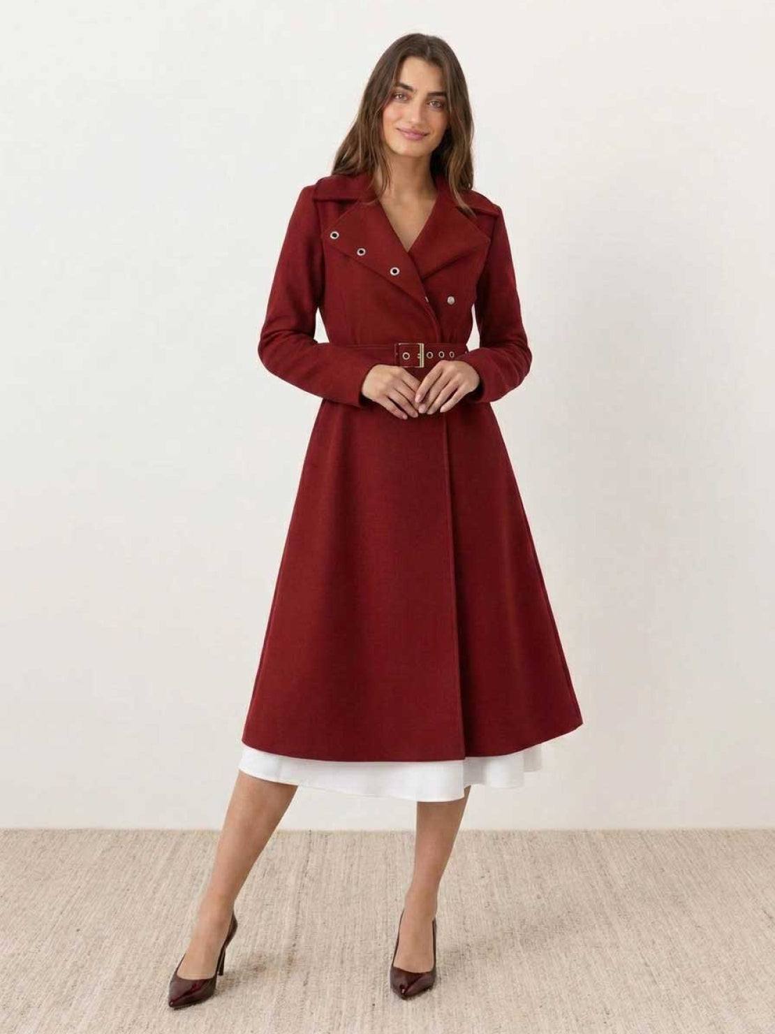 Elegant water-repellent A-line hooded raincoat for women with insulated lining and matching belt