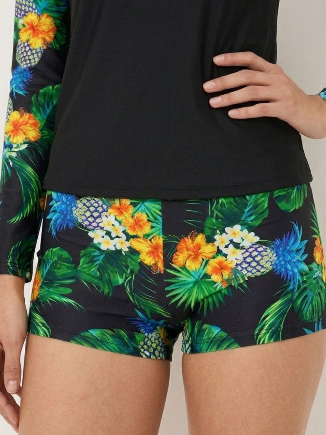 Women’s swim shorts rash guard set with long raglan sleeves and matching boyshort bottoms