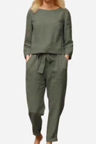 100 cotton linen monochrome olive green two-piece women's lounge set