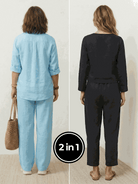 Two women wearing Casual Chic Duo breathable cotton and linen mix-and-match outfits