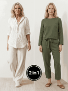 Two women modeling Casual Chic Duo breathable cotton and linen two-piece sets, stylish mix-and-match outfits for comfortable everyday wear