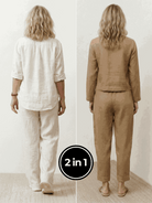Two women wearing breathable casual chic duo cotton and linen mix-and-match two-piece sets, relaxed fit outfits for cool and confident style