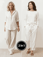 Two women wearing Casual Chic Duo breathable natural fabric two-piece sets, showcasing mix and match casual chic outfits.