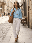 Two women wearing breathable casual chic duo cotton and linen two-piece sets, stylish and comfortable for all-day wear
