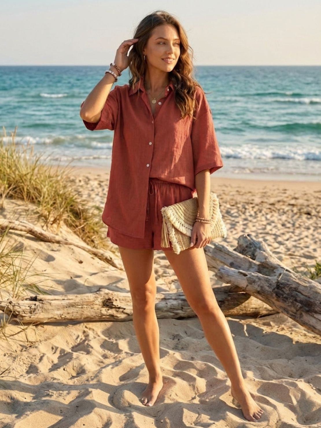 Coastal linen cotton two-piece set with breathable fabric and relaxed fit